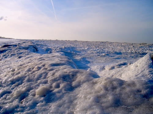 Shoreline where the waves created ice waves.