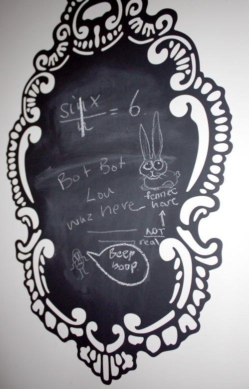 Chalkboard decal by the door. Note that the Fennec Hare drawn there is not real.