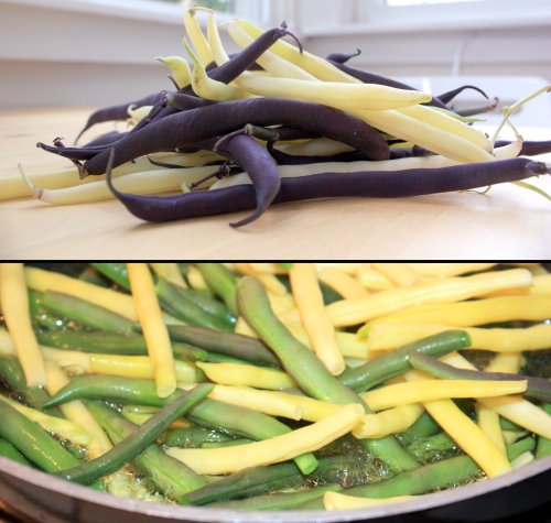 Wax and Burgandy beans from the market. Didn't realize that they turn green when cooked. Weird.