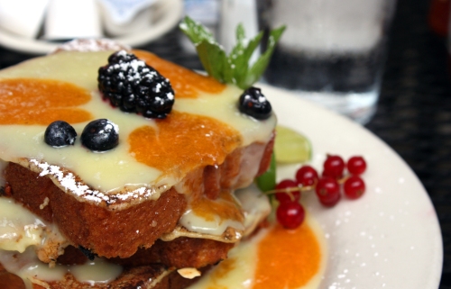 Casey's key lime and apricot brioche french toast: Three thick slices of french toast layered with homemade lime curd and fresh apricot.