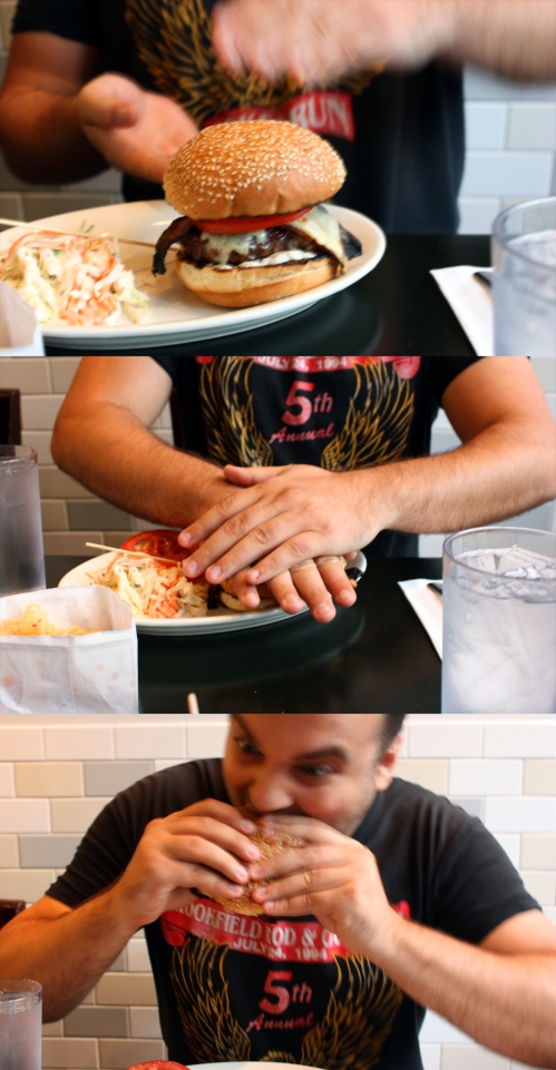 On a happier note, my friend Randy just got a job in Chicago and is moving here! He will be a fine addition to this great city. Here he is showing the proper way to smash/eat an oversized burger with way too much grease. Welcome to Chicago!